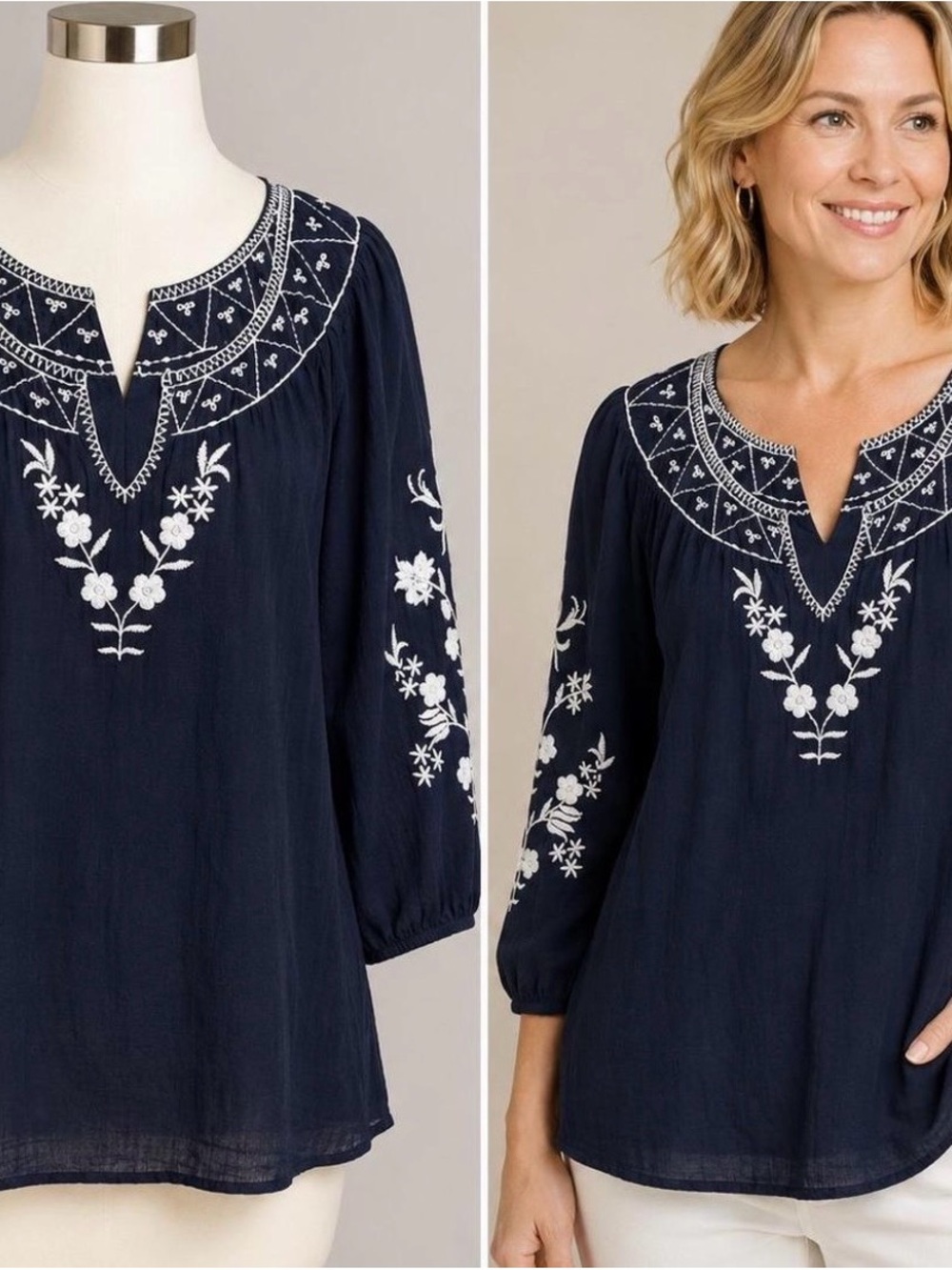 Talbots Navy Tunic with White Floral Embroidery